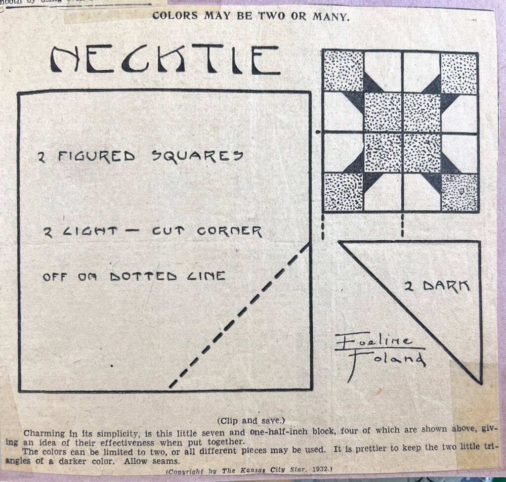 Vintage sewing pattern labeled “Necktie” with diagrams showing how to cut fabric pieces: 2 figured squares, 2 light triangles with cut corners, and 2 dark triangles. Includes assembly guide.