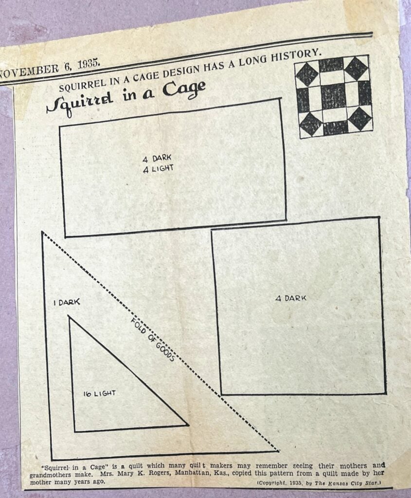A newspaper clipping dated November 6, 1933, features a Squirrel in a Cage quilt pattern with labeled quilt piece diagrams, a small quilt illustration, and a brief description of the patterns history at the bottom.