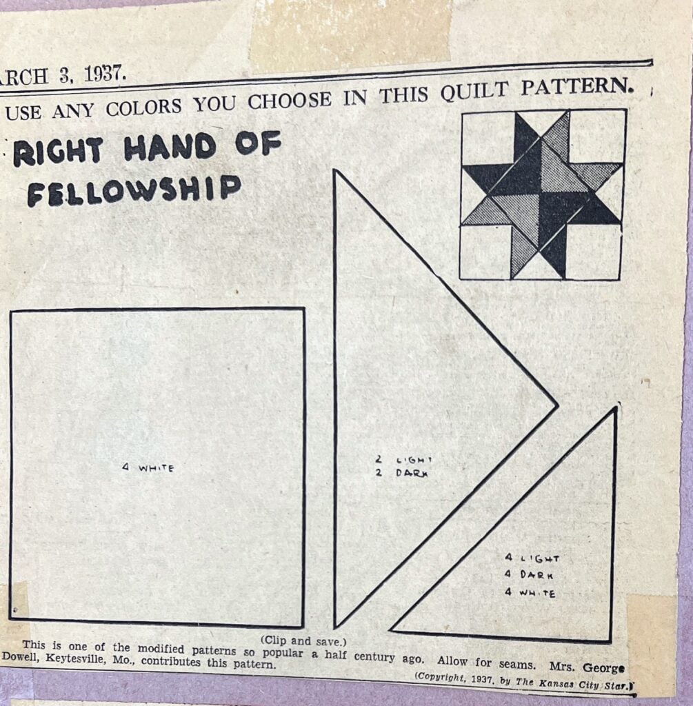 A vintage quilt pattern titled Right Hand of Fellowship with labeled shapes: a large square, two large triangles, and a small triangle, each marked with fabric color instructions. A completed quilt block example appears in the top right corner.