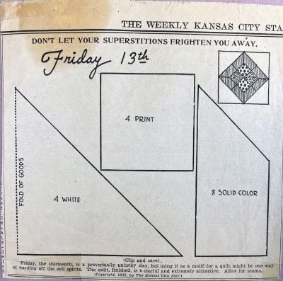 A vintage newspaper quilt pattern labeled Friday 13th with sections marked 4 print, 4 white, and 8 solid color, plus instructions and a small quilt illustration in the corner.