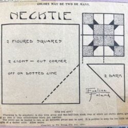 A vintage newspaper clipping features Antique Quilt Patterns and Techniques, showcasing the Necktie block by Evaine Foland, with diagrams for cutting squares and triangles, assembly instructions, and a design in light and dark fabrics.