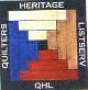 A quilt block design with red, blue, tan, and white rectangles, surrounded by a black border. White text on the border reads: HERITAGE QUILTERS LISTSERV QHL.