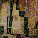 Abstract art with overlapping geometric shapes, lines, and muted earthy tones like brown, beige, and black, creating a textured, layered appearance. The image has an irregular, almost patchwork arrangement.