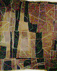 Abstract art with overlapping geometric shapes, lines, and muted earthy tones like brown, beige, and black, creating a textured, layered appearance. The image has an irregular, almost patchwork arrangement.