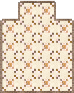 Patchwork quilt with a stepped, cross-like shape. The quilt features a repeated pattern of small squares in soft beige, brown, cream, and pink tones, bordered by a darker, striped brown edge. The background is light-colored.