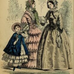 A vintage illustration of 19th century women in dresses and bonnets, one reading a letter, with a young girl in a blue cape holding flowers. Quilts are draped nearby, evoking the history and charm of outdoor gatherings.