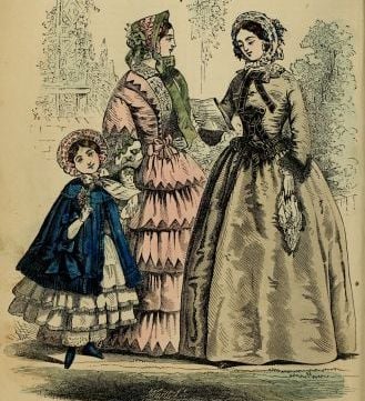 A vintage illustration of 19th century women in dresses and bonnets, one reading a letter, with a young girl in a blue cape holding flowers. Quilts are draped nearby, evoking the history and charm of outdoor gatherings.