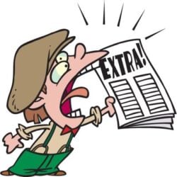 Cartoon of a person wearing a cap and suspenders, shouting while holding a newspaper with a bold headline that reads EXTRA! Lines above the head suggest they are yelling loudly.