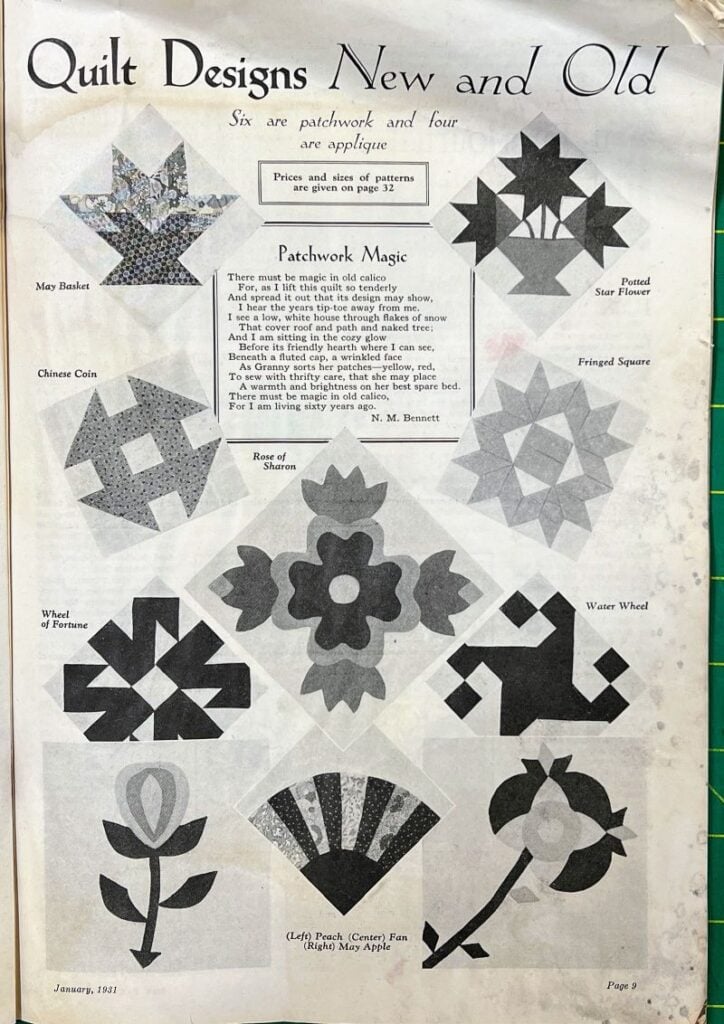 A vintage magazine page titled Quilt Designs New and Old displays black and white illustrations of ten quilt block patterns, each labeled, along with brief text about patchwork magic.