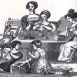 Black-and-white illustration of women and girls gathered around a table, sewing and playing with dolls. Two women sit at the table, with three girls playing on the floor nearby, all engaged in domestic or crafty activities.