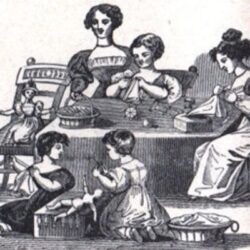 Black-and-white illustration of women and girls gathered around a table, sewing and playing with dolls. Two women sit at the table, with three girls playing on the floor nearby, all engaged in domestic or crafty activities.