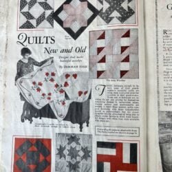 A vintage magazine page titled “Quilts New and Old” shows a woman holding a quilt with red and white flowers, surrounded by illustrations of five geometric quilt patterns in red, black, and gray.