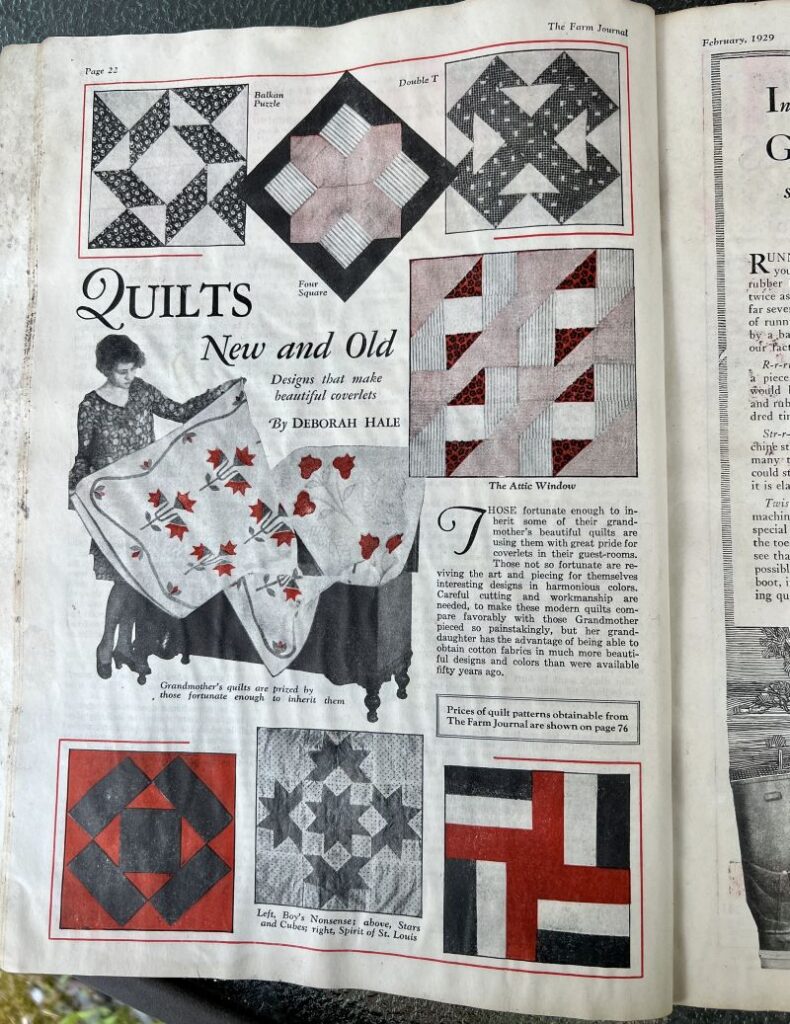 A vintage magazine page titled “Quilts New and Old” shows a woman holding a quilt with red and white flowers, surrounded by illustrations of five geometric quilt patterns in red, black, and gray.