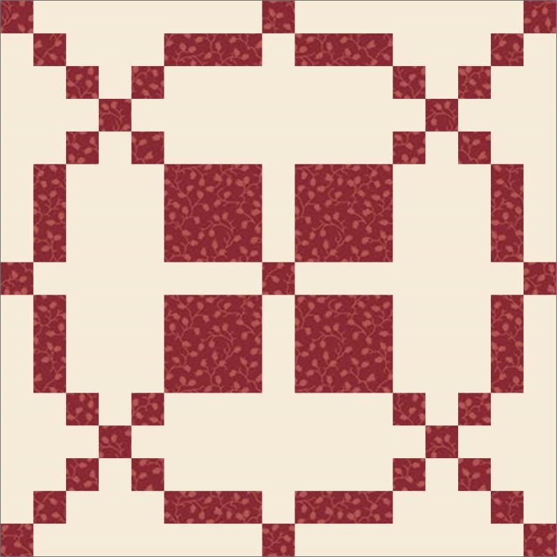 A quilt block pattern inspired by Underground Railroad Quilts, featuring a symmetrical design with red and tan squares and rectangles forming an X and O motif on a cream background. The red shapes have a subtle floral print.