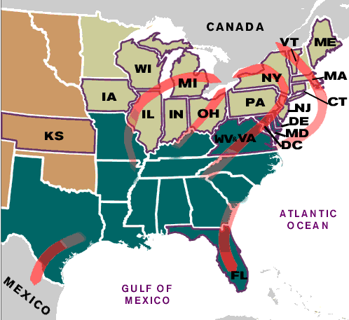 A map of the eastern United States shows dark green, tan, and white states with red arrows marking migration routes—reminiscent of Underground Railroad Quilts—from Florida and the Gulf of Mexico up through the Midwest and Northeast.