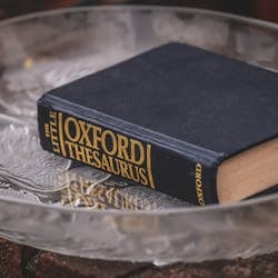 Photo by Boys in Bristol Photography Elegant hardcover thesaurus with classic design on a textured glass plate.