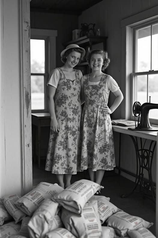 feed-sack-dresses Two women wearing matching floral dresses stand smiling in a sunlit room with a sewing machine on a table and fabric sacks piled on the floor. The scene has a vintage, early 20th-century feel.