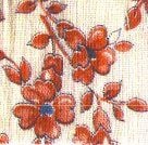 A close-up of a fabric with a pattern of red flowers and leaves, outlined in blue, on a cream-colored background.