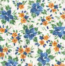 Pattern of blue and orange flowers with green leaves scattered across a white background. The floral design repeats, creating a vibrant and colorful motif.