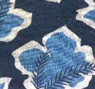 Blue and white floral pattern on fabric, featuring large blue flowers with white outlines and dark leaf-like details on a dark blue background.
