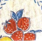 A drawing of red strawberries with white dots and blue leaves on a textured, beige background with blue decorative accents.