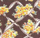 A fabric pattern featuring clusters of small yellow and orange flowers with green leaves, set against a brown background with white geometric lines.