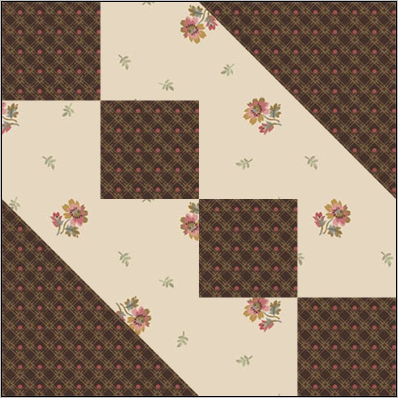 A quilt block pattern inspired by Underground Railroad Quilts, featuring alternating dark brown checks and cream squares with colorful floral prints, arranged in a geometric, interlocking design.