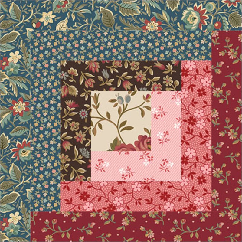 A quilt block inspired by Underground Railroad Quilts, made of patterned fabric strips in blue, brown, and red tones with floral designs, arranged log cabin style around a central cream square with pink and green flowers.