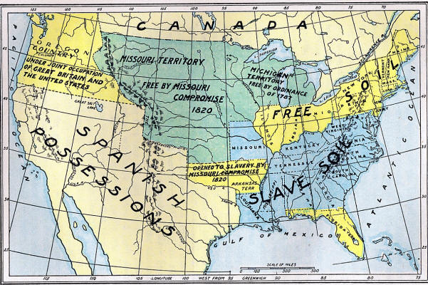 A historical map of the United States in 1820 shows free and slave states, Missouri Compromise boundaries, territories, Spanish possessions, and major rivers—echoing routes once marked by Underground Railroad Quilts for freedom seekers.