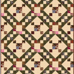 A patchwork quilt inspired by Underground Railroad Quilts, featuring a geometric pattern of squares and diamonds in beige, green, brown, pink, and blue fabric, arranged in rows to create an intricate, repeating lattice design.
