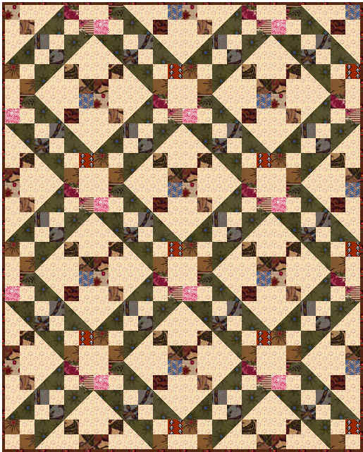 A patchwork quilt inspired by Underground Railroad Quilts, featuring a geometric pattern of squares and diamonds in beige, green, brown, pink, and blue fabric, arranged in rows to create an intricate, repeating lattice design.