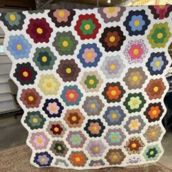 Grandmothers Flower Garden Quilt A handmade quilt with a white background featuring rows of multicolored hexagon flower patterns in various fabrics, displayed indoors.