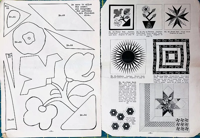 Grandmother-Clark-AppliqueTwo pages from a Grandmother Clark Quilt Booklets pattern. The left page shows large outlined floral pattern pieces. The right page features nine black-and-white quilt block designs, each with labels and brief descriptions.
