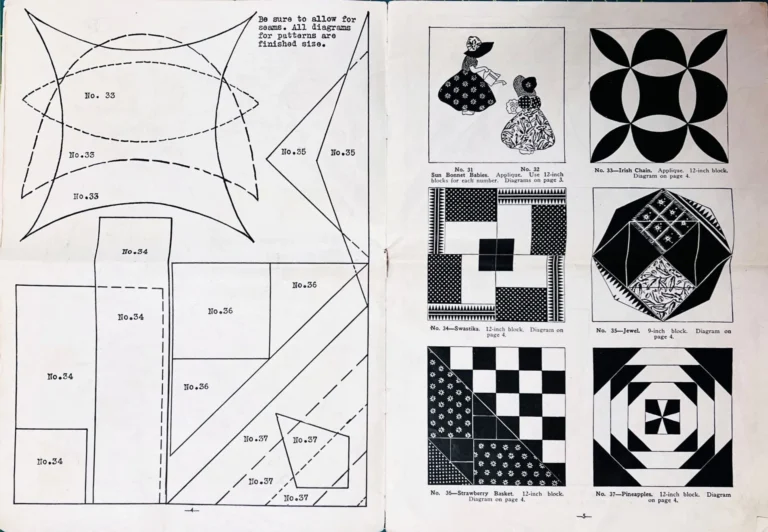 Irish-Chain-Applique A sewing pattern sheet showing black-outlined templates on the left page and nine quilt block designs, each with a number and name, arranged in a grid on the right page. Quilt blocks feature geometric and appliqué styles.