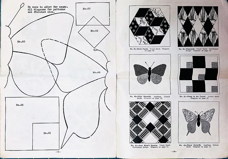 Pussy-in-the-Corner-Grandmother-Clarke A black-and-white image from Grandmother Clark Quilt Booklets. The left page shows outlines of butterfly parts and rectangles labeled with numbers, while the right page displays six finished quilt block and butterfly designs with pattern names and numbers.