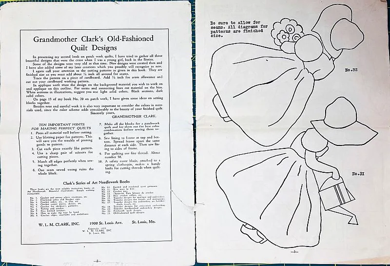Sunbonnet-Sue-Grandmother-Clark A vintage instruction sheet featuring text about Grandmother Clark’s Old-Fashioned Quilt Designs on the left, with black-and-white outline patterns of two bonneted girls for quilting from the Grandmother Clark Quilt Booklets on the right.