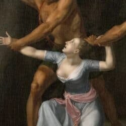 jane-mccrea-death A woman in a blue dress with a pink sash looks up in fear while being restrained by a muscular man, echoing the dramatic tension of the Burgoyne Surrounded quilt block myth as she sits on the ground and reaches out.