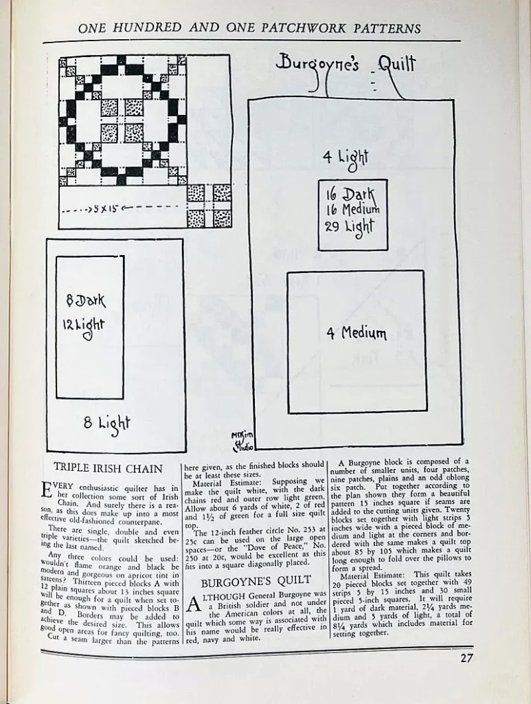 A black-and-white page from a quilting book displays patchwork pattern diagrams, including a Triple Irish Chain block and Burgoyne’s Quilt layout, along with instructions and text descriptions. Page number 27 appears in the bottom corner.