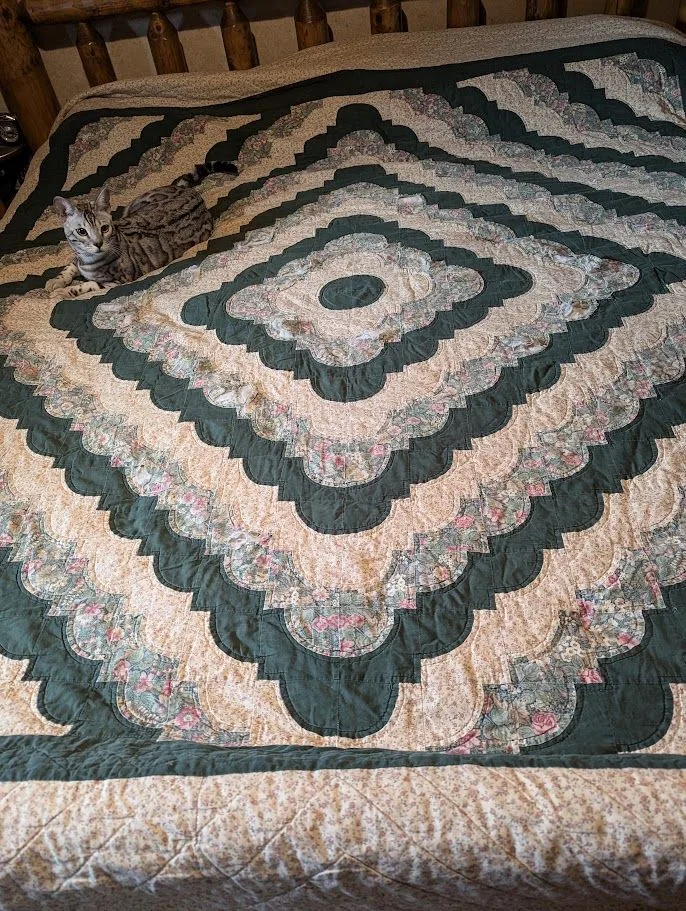 A gray tabby cat lies on a patterned quilt with green, cream, and floral designs, spread across a wooden bed.