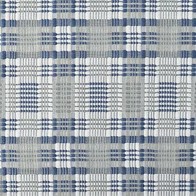 Woven fabric featuring a blue, white, and gray plaid pattern with intricate, textured horizontal and vertical lines creating a grid-like design.