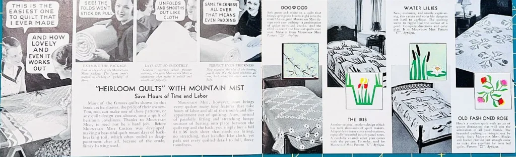A vintage magazine page displays quilt patterns, fabric images, and descriptions, including designs like Heirloom Quilts, Dogwood, Water Lilies, The Iris, and Old Fashioned Rose.