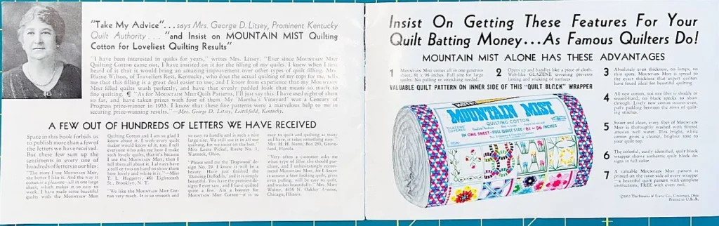 Vintage advertisement for Mountain Mist quilt batting, featuring a black-and-white photo of Mrs. George Lizzy, a product image, testimonials, and highlights of the product’s features and benefits for quilters.