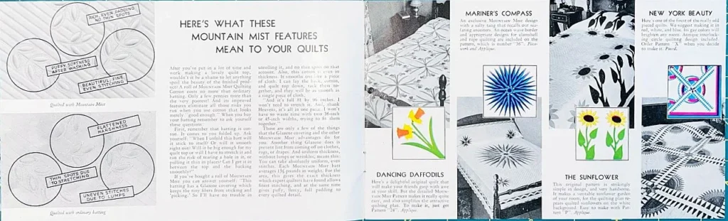 A brochure features black-and-white and color photos of quilt patterns, including close-ups of stitched details and sections describing quilt names and features like Mountain Mist, New York Beauty, Mariner’s Compass, and Sunflower.