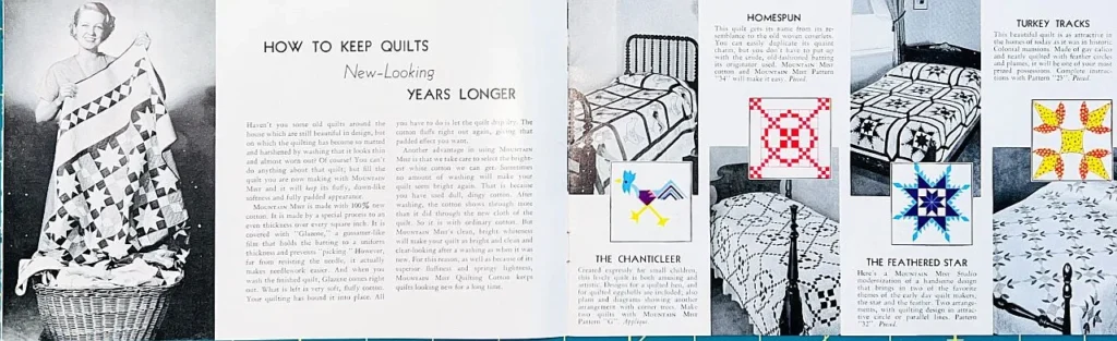 A vintage instructional pamphlet shows a woman with a quilt, tips on quilt care, and photos of beds with patterned quilts, plus illustrated quilt block patterns: Homespun, The Chanticler, Turkey Tracks, and The Feathered Star.