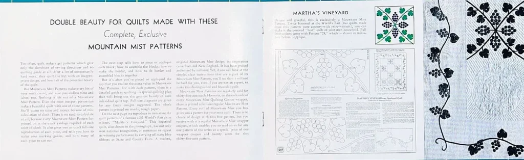 A quilting pattern booklet is open, showing text, diagrams, and patterns for “Martha’s Vineyard.” The pages include instructions, black-and-white quilt block illustrations, and a floral quilt border design on the right.