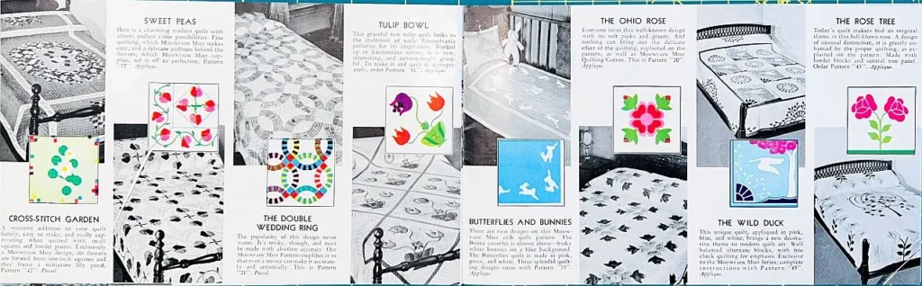 A pamphlet displays six different quilt patterns, each with a small colorful illustration and a black-and-white photo of a quilt on a bed. Descriptions for each pattern are printed beside the images.