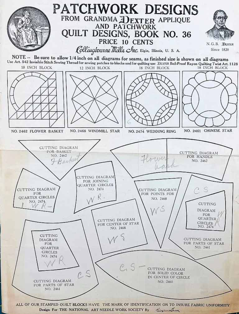 A vintage quilt pattern book page with illustrated patchwork designs, cutting diagrams, and detailed labels for each shape and pattern; black text on a white background; small portrait of a man in the top right corner.