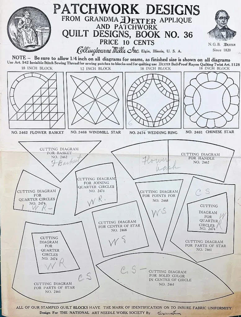 A vintage quilt pattern book page with illustrated patchwork designs, cutting diagrams, and detailed labels for each shape and pattern; black text on a white background; small portrait of a man in the top right corner.