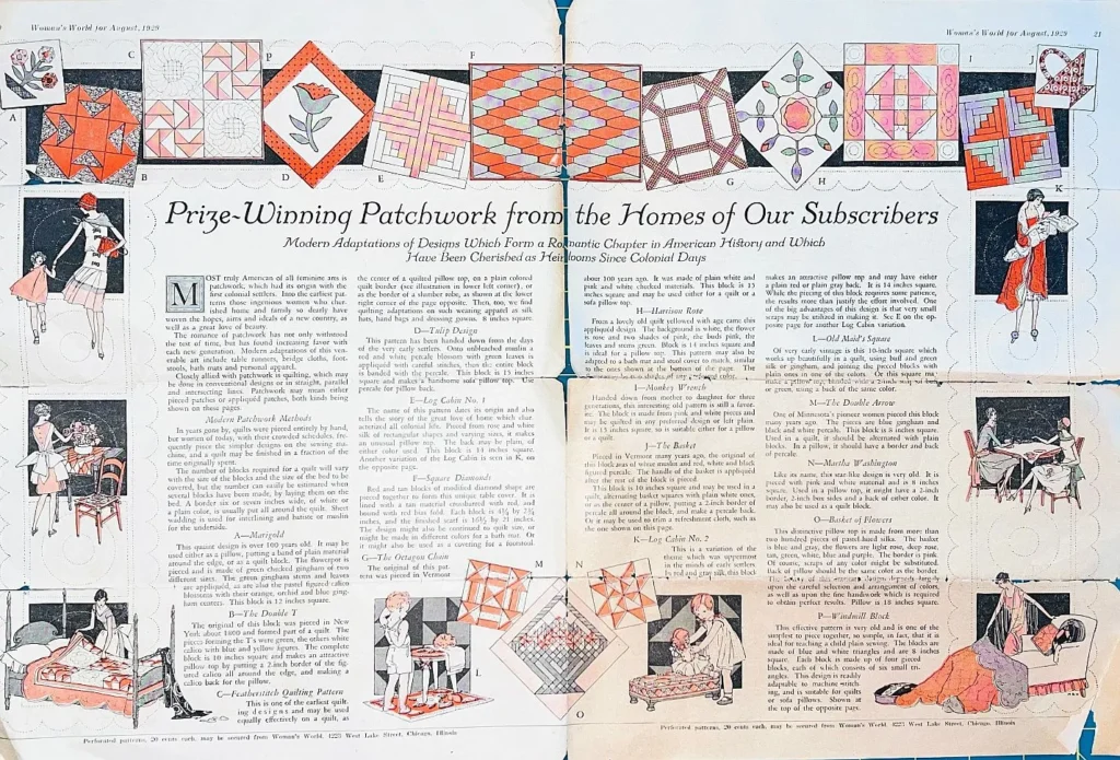 Vintage magazine spread showing colorful patchwork quilt designs at the top and illustrations of women sewing and using quilts. Text in columns describes prize-winning patchwork and quilting tips from subscribers.