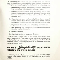 A vintage advertisement from the National Cotton Council explains where to find cotton bags and lists uses, such as bakery bags, flour sacks, and department store bags. Contact info and Simplicity Patterns details are included below.